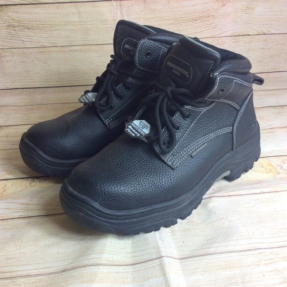Sketchers air cooled steel toe work boots 11.5 W wide Black leather